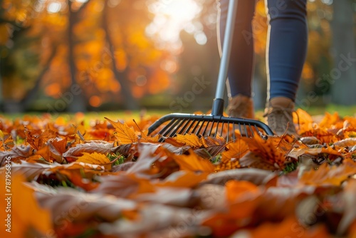 A woman tidies a lawn covered in fall leaves using a rake, surrounded by the warm, glowing light of the setting sun photo