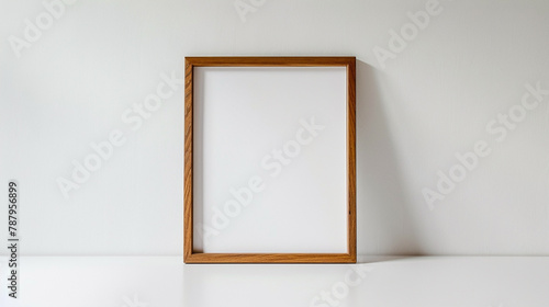 The stark contrast of a solitary wooden frame against a background of immaculate white evoking a sense of minimalist elegance