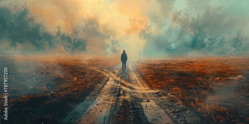 Man Standing at Crossroad on Dirt Road. Generative AI