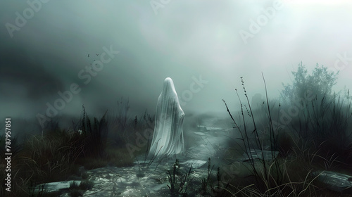 Ethereal Spirit s Ominous Presence Drifting Through Gloomy Isolated Backdrop with Cinematic Photographic Style