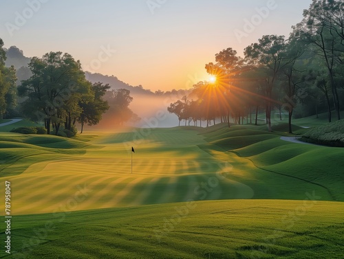 beautiful golf course at sunset or sunrise, generative ai
