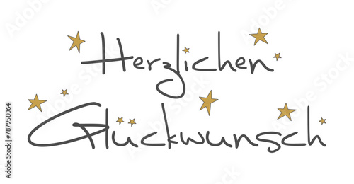 Herzlichen Glückwunsch - deutscher Text von Hand geschrieben mit goldenen Sternen 