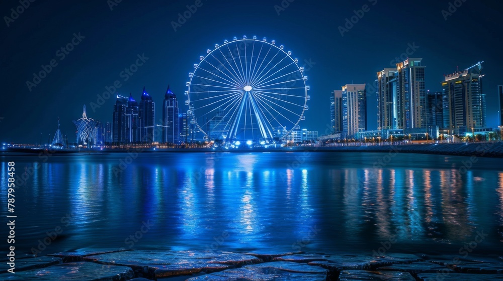 Fototapeta premium Dubai, United Arab Emirates - June 21, 2023: Bluewaters island in Dubai with Ain Dubai Ferris wheel at night seen from JBR beach in Marina area.
