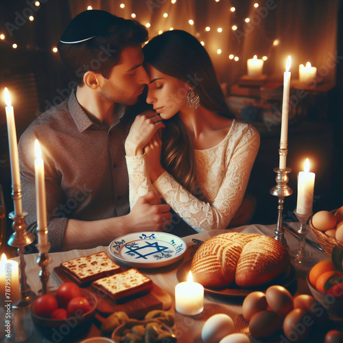 jewish couple celebrate pessah or Hanukkah photo