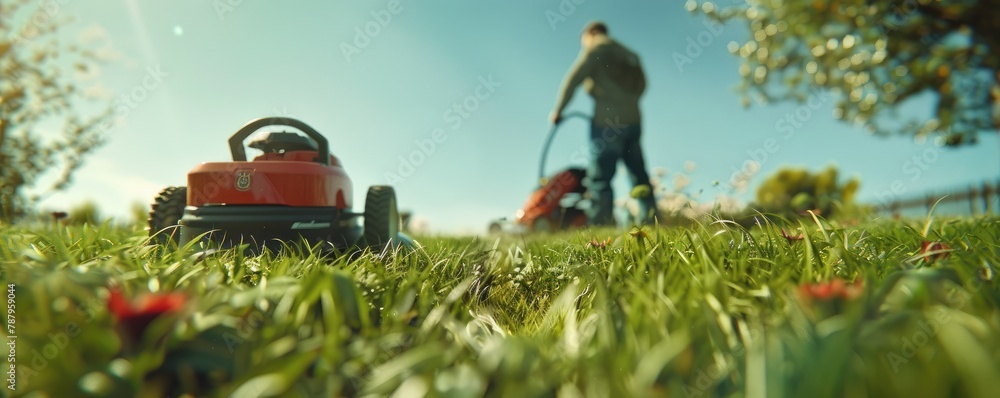 Vibrant image of a man riding a lawnmower, cutting grass in the golden hour light.