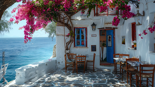 Greek tavern scene with rustic charm, featuring traditional architecture, checkered tablecloths, and diners enjoying Mediterranean cuisine and lively conversation under the warm glow of lanterns.