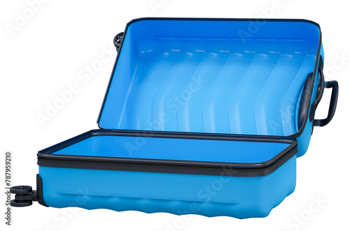 Realistic open Suitcase plastic bag, creative journey concept, travel concept isolated on background. Summer holiday time to Travel Concept. 3D rendering