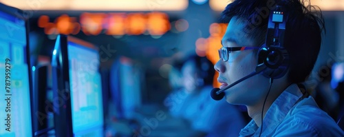 Concentrated call center operator wearing headset with microphone on ears and looking at screen helping client on the other end of the line photo