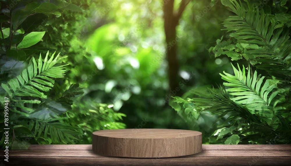 Enchanted Forest: Wooden Counter Podium Highlighting Organic Products Amidst Greenery