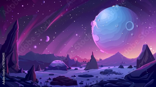 This cartoon modern illustration depicts the surface of an alien planet with craters against a background of deep cosmos sky with space bodies. It is intended for exploration of the cosmic landscapes photo