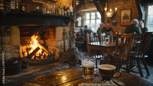 Charming vintage tavern with rustic charm, warm lighting, wooden furnishings, and cozy atmosphere, ideal for traditional scenes, historical settings, or nostalgic concepts.