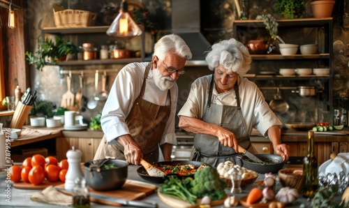 Warm, inviting scene of an elderly couple together cooking, surrounded by fresh vegetable ingredients, in a rustic kitchen . © Daniela