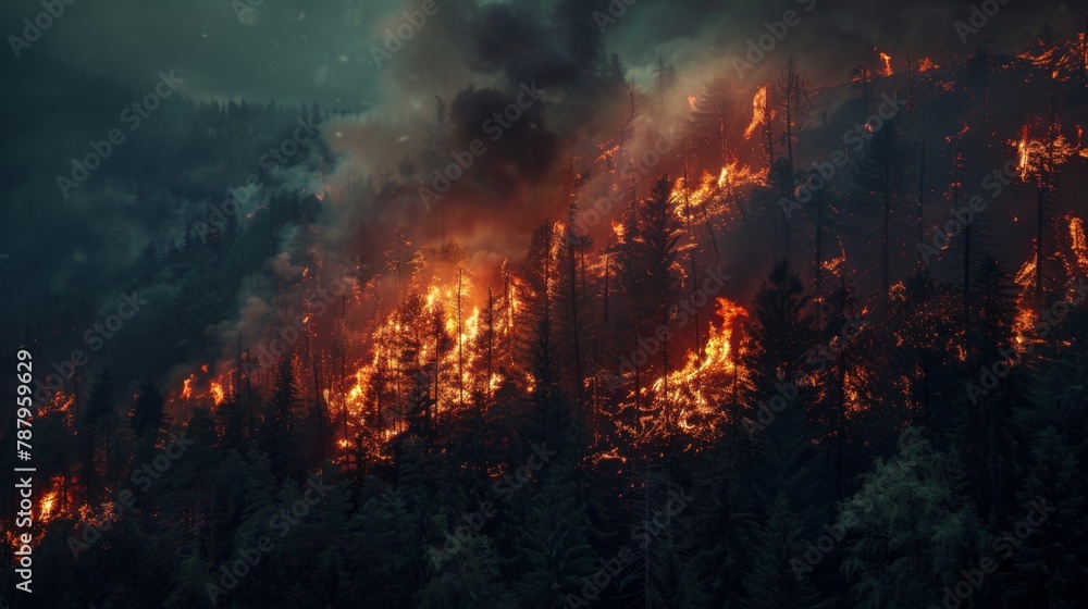 Forest fire in the mountains