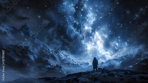 Guardianship Amid the Celestial Abyss:A Solitary Figure Stands Resolute in the Captivating Nightscape