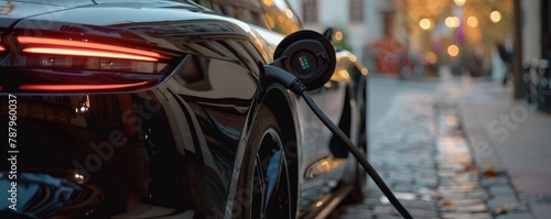 Close-up of electric car charging parked on parking place with electric charger along the street © Daniela