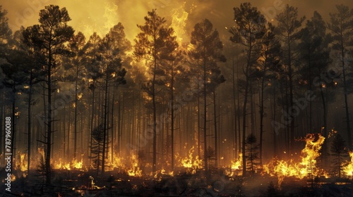 Forest fire. Burned trees after wildfire  pollution and a lot of smoke