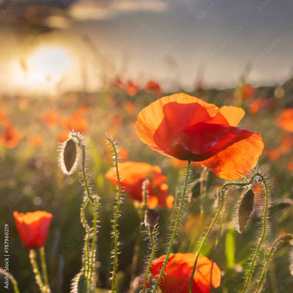 Fototapeta premium Sunset glow over poppy field