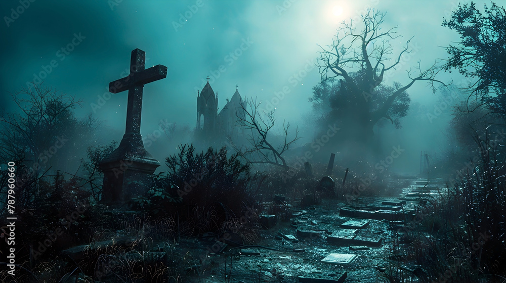 Haunting Graveyard Shrouded in Otherworldly Mist and Necromantic Magic Haunting Graveyard Shrouded in Otherworldly Mist and Necromantic Magic