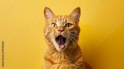 Funny ginger cat face isolated on yellow. mewing and having widely opened a mouth. Red pet portrait.