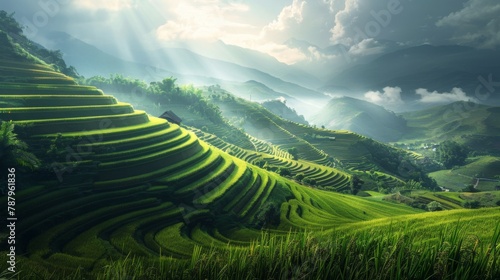 Green Rice fields on terraced in Muchangchai, Vietnam Rice fields prepare the harvest at Northwest Vietnam. photo
