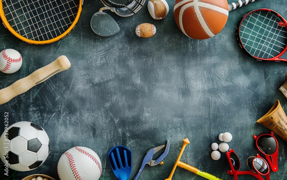 An overhead view background of various sports equipment with empty space