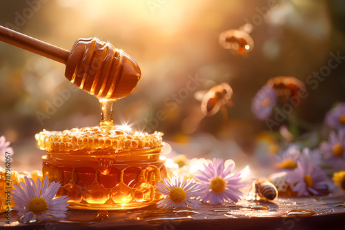 Honey dripping from dipper on honeycomb with bees, concept of natural sweetness and organic produce.