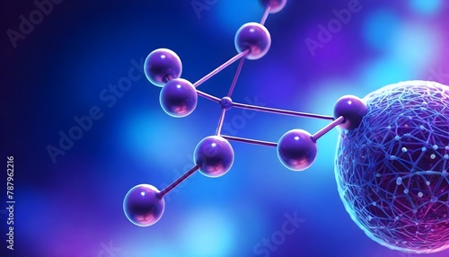 A close-up of a stylized molecular structure with spherical nodes connected by rods, rendered in shades of (purple and blue, set against a fractal background with bokeh light effects