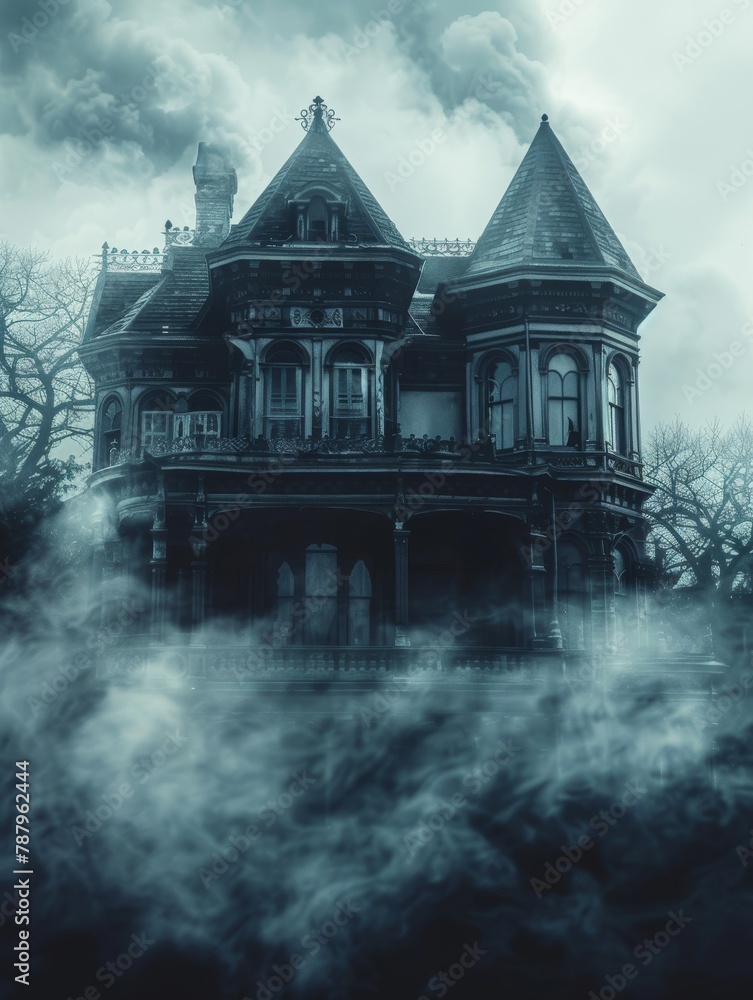Obraz premium The Victorian mansion was enveloped in an eerie atmosphere with dense clouds, bare trees, and mist hanging heavy in the air