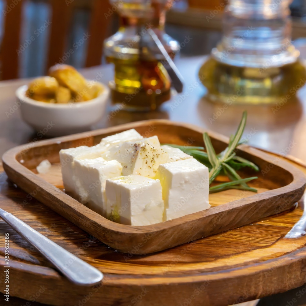 Fresh feta cheese on wooden plate with olive oil