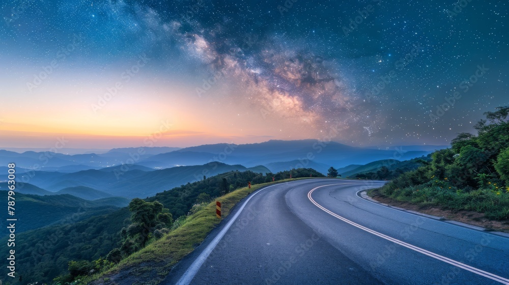 landscape view point asphalt curved road on Doi Inthanon National park mountains at dawn with milky way background