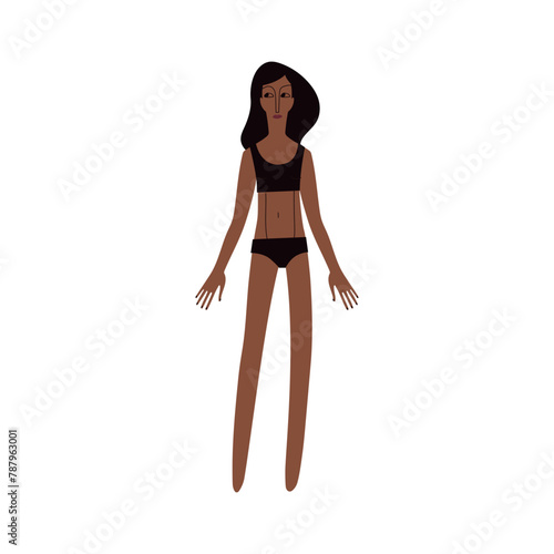 Flat Latino woman in underwear. Brown skin person with black hair in cartoon style for multinational and diversity designs. Vector illustration.