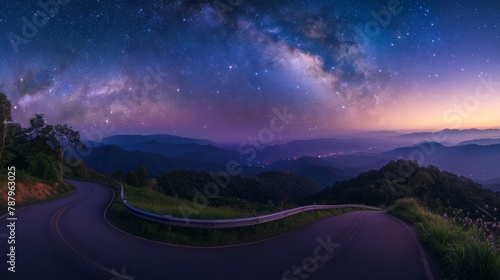landscape view point asphalt curved road on Doi Inthanon National park mountains at dawn with milky way background photo