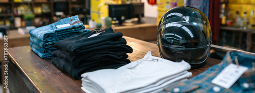Black motorbike helmet and new clothes collection over counter on vintage store. Banner of organized apparel stacks ready to sell on shop with industrial style. Clothes small business concept.