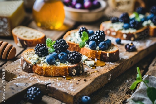 Blue Cheese on Bread, Gorgonzola with Berries and Honey, Bruschetta with Ricotta, Blueberries photo