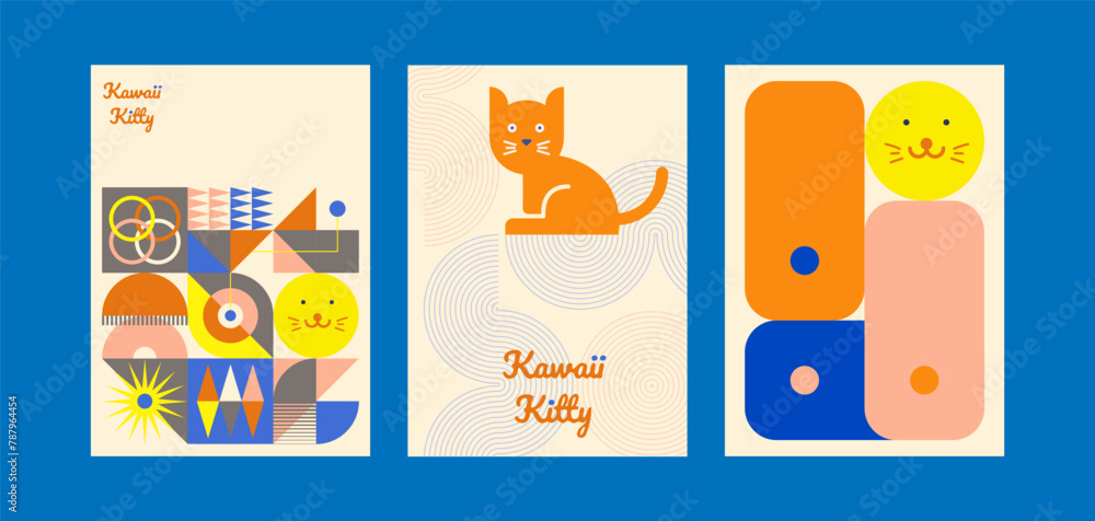 Kawaii Cats vector illustration Smiling Kitty, cute and round-faced cat