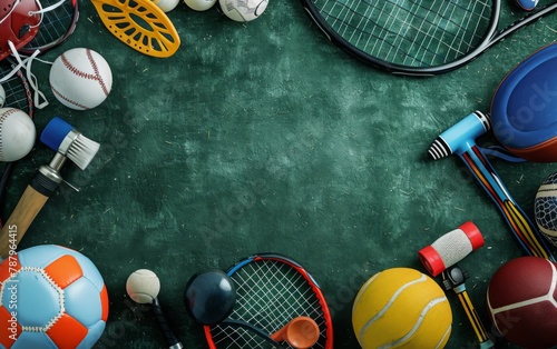 An overhead view background of various sports equipment with empty space