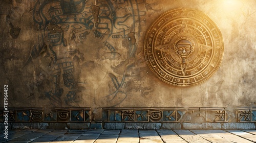 Ancient Native American-inspired background with a Mesoamerican calendar on aged wall. Blank surface texture.