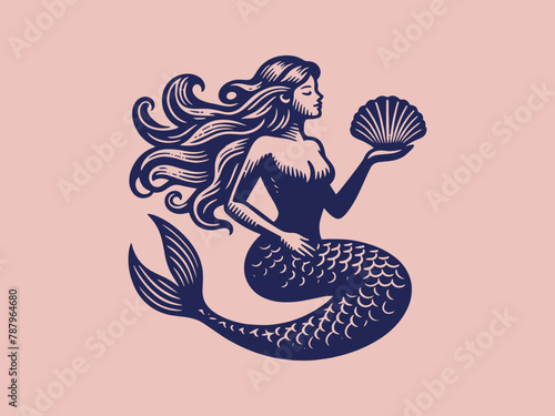Beautiful mermaid holding a shell in her hands. Vintage retro engraving illustration. Black icon, isolated element  © Victoria