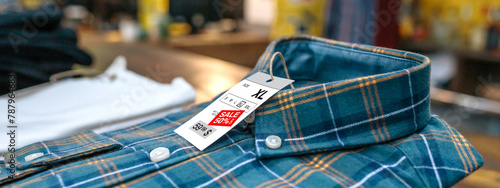 Close up of label with discount price over a blue plaid shirt on vintage store. Sales season and black friday concept. Banner of apparel stacks ready to sell on clothes shop with industrial style.