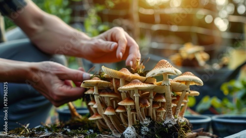 person hand harvesting psychedelic psilocybin mushrooms homemade or laboratory