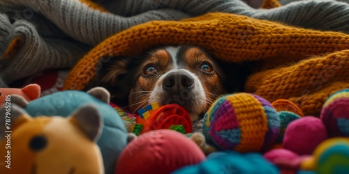 A cute dog looks out with expressive eyes from a pile of colorful toys, creating a heartwarming background photo