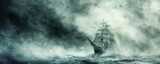 The crew on the old wooden ship at sea braces for a rough night as gloomy clouds shroud them, sails billowing