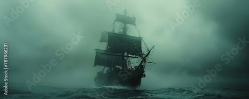 A weathered ship with tattered sails battles stormy seas, crew readying for a turbulent evening ahead