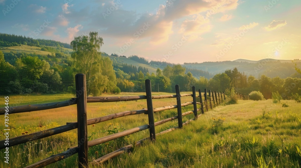 rural landscape at sunset. wooden fence near the grassy meadow and trees on the hillside. beautiful countryside scenery in evening light