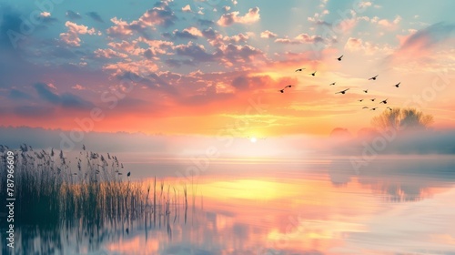 Scenic view of beautiful sunrise or dawn above the pond or lake at spring or early morning with cloudy fog over water and reed with dew. Silhouettes of a flock of birds on the background colorful sky