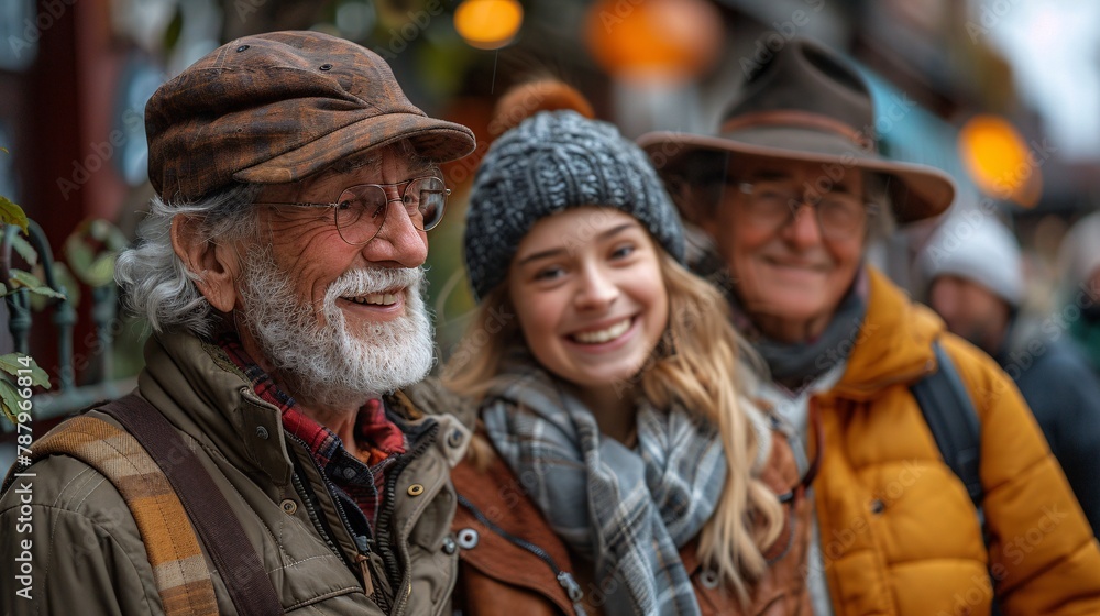 Cordial bond between neighbors. New household conversing with senior pair by boundary outside. Cordial bond between neighbors. New household conversing with senior pair by boundary outside.