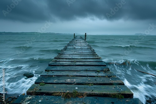 A solitary angler resolutely faces the chilly breeze at a weathered dock under gloomy, cloud covered heavens