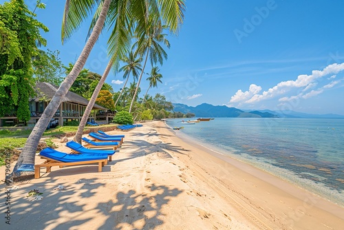A beautiful wide open sandy beach with beach beds  summer concept.