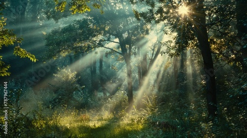 Spectacular morning sun light rays in the forest. Green forest during a beautiful summer warm day