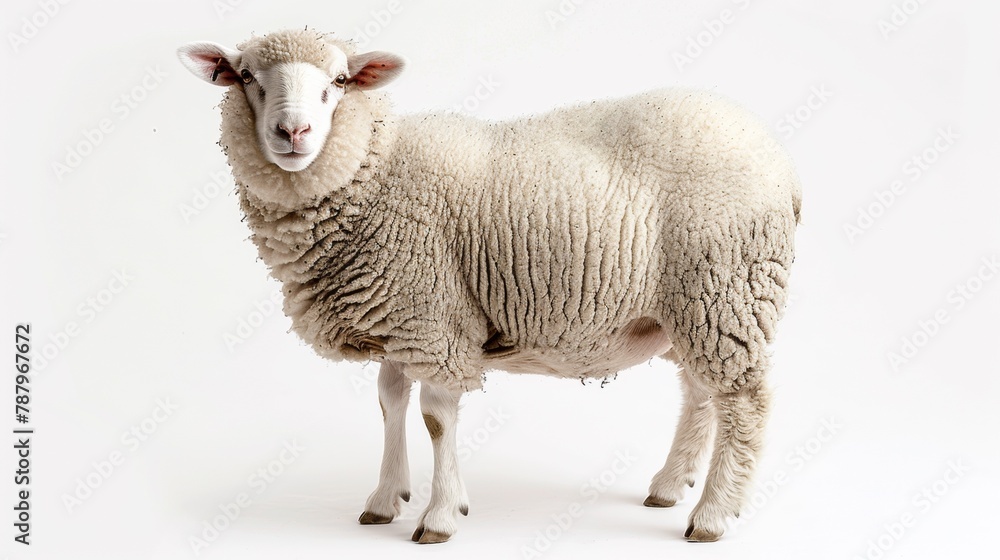 Fototapeta premium A sheep standing on a white background with its eyes closed, AI